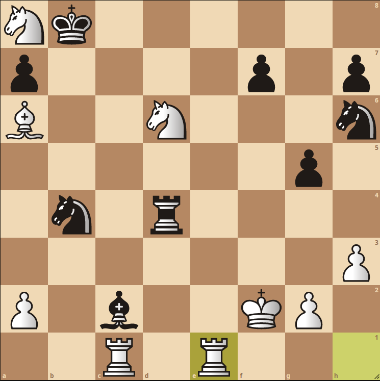 Eindstelling van partij van Aart Baas. Wit staat gewonnen. Witte stukken zijn:Koning: F2 Torens: c1 en e1 Loper: a6 Paarden: a8 en d6 Pionnen: a2, g2, h3 Zwarte stukken zijn: Koning: b8 Toren: d4 Loper: c2 Paarden: b5 en h6 Pionnen: a7, f7, g5, h7.