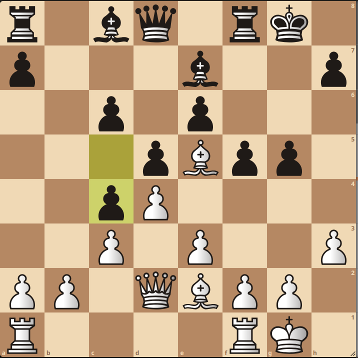 Schaakstelling met de volgende stukken: Wit: Toren a1, Toren f1, Koning g1, pion a2, pion b2, Dame d2, Loper e2, pion f2, pion g2, pion c3, pion e3, pion h3, pion d4, Loper e5 Zwart: Toren a8, Loper c8, Dame d8, Toren f8, Koning g8, pion a7, Loper e7, pion h7, pion c6, pion e6, pion d5, pion f5, pion g5, pion c4