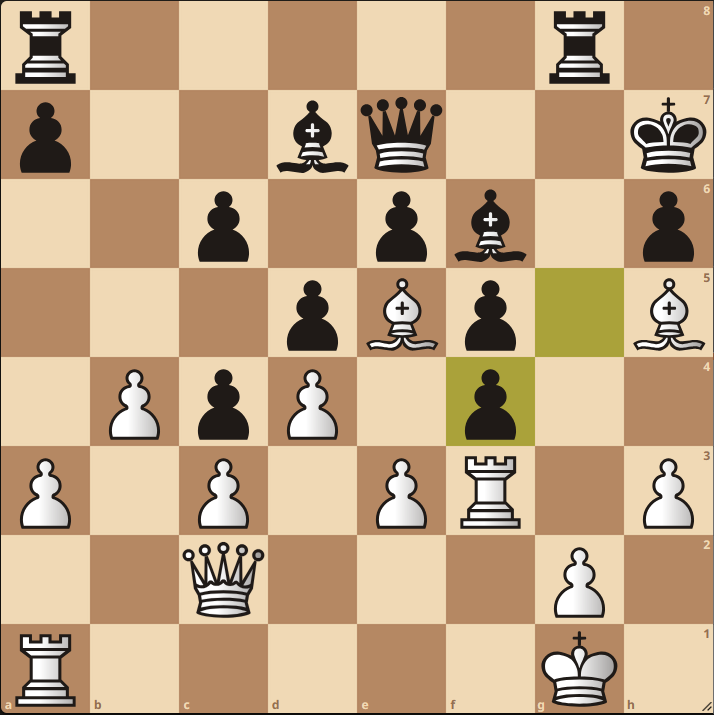 Schaakstelling met de volgende stukken: Wit: toren a1, koning g1, dame c2, pion g2, pion a3, pion c3, pion e3, toren f3, pion h3, pion b4, pion d4, loper e5, loper h5 Zwart: toren a8, toren g8, pion a7, loper d7, dame e7, koning h7, pion c6, pion e6, loper f6, pion h6, pion d5, pion f5, pion c4, pion f4